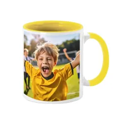 Taza cerámica amarilla personalizada con tu foto o diseño. Descuentos automáticos.