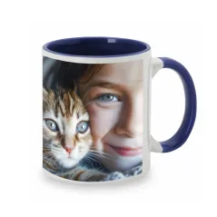 Taza cerámica azul personalizada con tu foto o diseño. Descuentos automáticos.