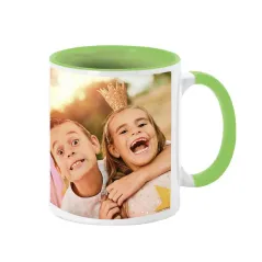 Taza cerámica verde personalizada con tu foto o diseño. Descuentos automáticos.