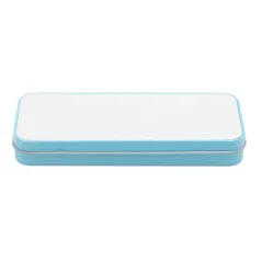 Caja azul metálica rectangular, estuche, plumier. Personalizada con tus fotos, diseños o textos.