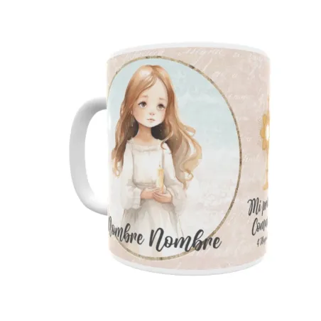 Taza de comunión personalizada niña, con pelo rubio. Personaliza con nombre y fecha. Envío rápido.