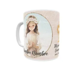 Taza de comunión personalizada niña, con pelo rubio. Personaliza con nombre y fecha. Envío rápido.