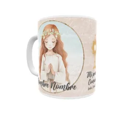 Taza de comunión personalizada niña, con pelo rojo castaño. Personaliza con nombre y fecha. Envío rápido.