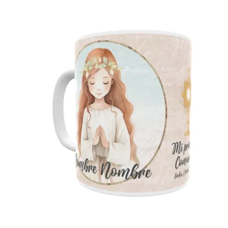 Taza de comunión personalizada niña, con pelo rojo castaño. Personaliza con nombre y fecha. Envío rápido.