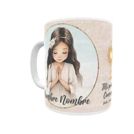 Taza de comunión personalizada niña, con pelo moreno morena. Personaliza con nombre y fecha. Envío rápido.