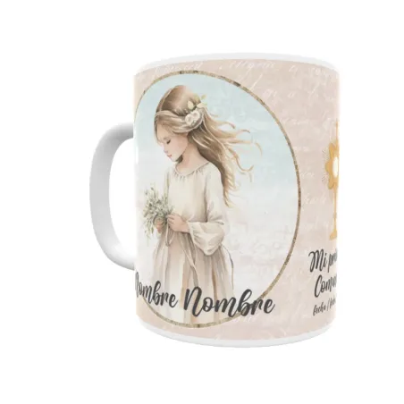 Taza de comunión personalizada niña, con pelo rubio, rubia, castaño. Personaliza con nombre y fecha. Envío rápido.