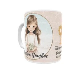 Taza de comunión personalizada niña, con pelo moreno claro, castaño. Personaliza con nombre y fecha. Envío rápido.