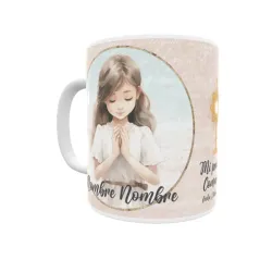 Taza de comunión personalizada niña, con pelo moreno, castaño. Personaliza con nombre y fecha. Envío rápido.