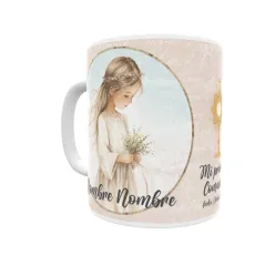 Taza de comunión personalizada niña, con pelo moreno, castaño, rubio. Personaliza con nombre y fecha. Envío rápido.