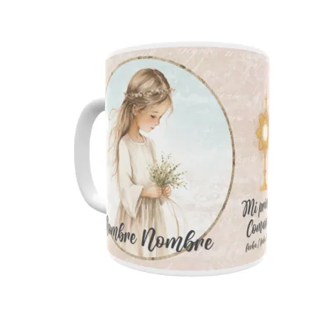 Taza de comunión personalizada niña, con pelo moreno, castaño, rubio. Personaliza con nombre y fecha. Envío rápido.