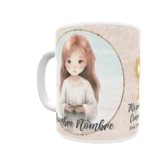 Taza de comunión personalizada niña, con pelo moreno, castaño, rubio. Personaliza con nombre y fecha. Envío rápido.