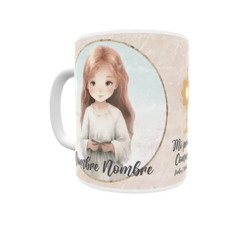 Taza de comunión personalizada niña, con pelo moreno, castaño, rubio. Personaliza con nombre y fecha. Envío rápido.