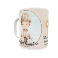 Taza de comunión personalizada niño, con pelo rubio, castaño. Personaliza con nombre y fecha. Envío rápido.