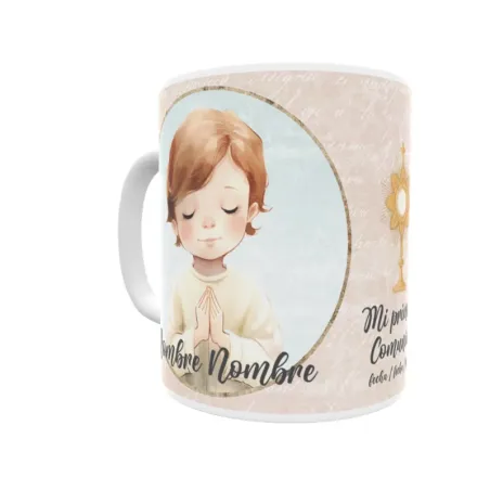 Taza de comunión personalizada niño, con pelo rubio, castaño, moreno. Personaliza con nombre y fecha. Envío rápido.