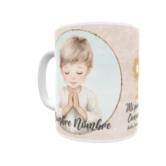 Taza de comunión personalizada niño, con pelo rubio, castaño, moreno. Personaliza con nombre y fecha. Envío rápido.