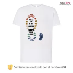 Camiseta personalizada día del padre ✨ Huella de pie y el nombre de 1 niño/a. ¡Personaliza con 💡 nombre!