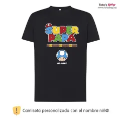 Camiseta personalizada día del padre ✨  Super Papá al estilo Super Mario. ¡Personaliza con 💡 nombre!