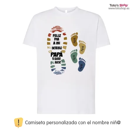 Camiseta personalizada día del padre ✨ Huella de pie y el nombre de 4 niño/as. ¡Personaliza con 💡 nombre!