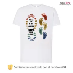 Camiseta personalizada día del padre ✨ Huella de pie y el nombre de 5 niño/as. ¡Personaliza con 💡 nombre!