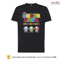 Camiseta personalizada día del padre ✨  Super Papá al estilo Super Mario. ¡Personaliza con 💡 nombre!