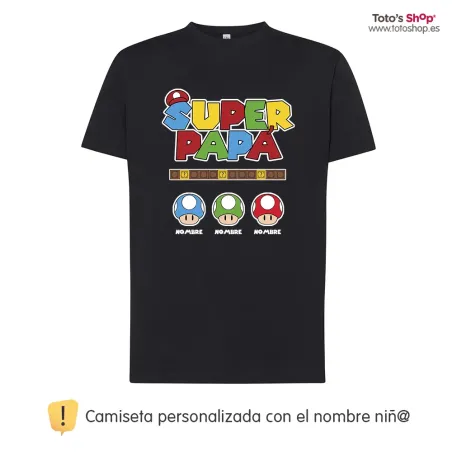 Camiseta personalizada día del padre ✨  Super Papá al estilo Super Mario. ¡Personaliza con 💡 nombre!