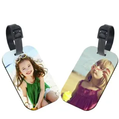 Etiqueta de equipaje en madera personalizable con fotos, diseños, logotipos o textos a todo color.