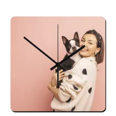 Portafotos en madera con reloj para pared personalizable con fotos, diseños, logotipos o textos a todo color.