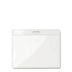 Presentación de credenciales identificador en PVC, de diseño horizontal y acabado transparente, ideal para eventos, empresas