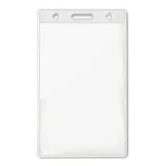 Presentación de credenciales identificador en PVC, de diseño vertical y acabado transparente, ideal para eventos, empresas