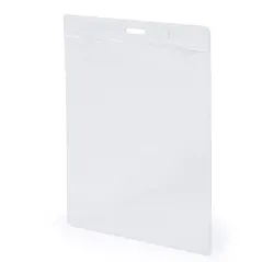 Presentación de credenciales identificador en PVC, de diseño vertical y acabado transparente, ideal para eventos, empresas